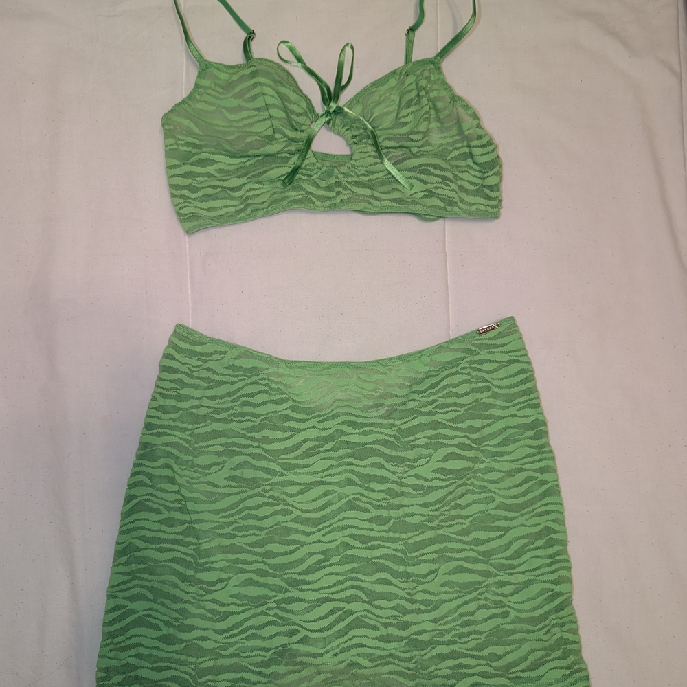 Savage X Fenty Green Tiger Stripes Bralette and Skirt Set XS